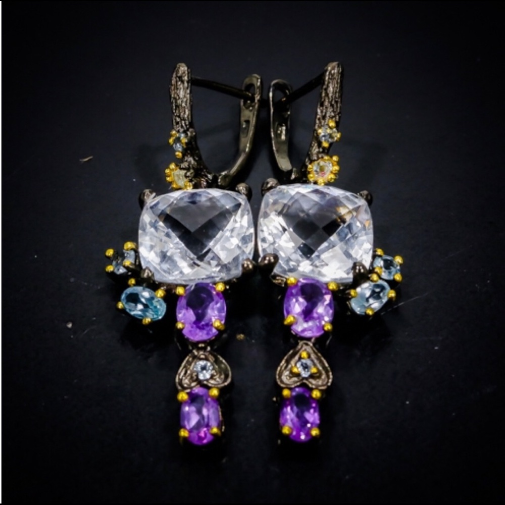 Unique Genuine Quartz Amethyst Topaz Earrings - Picture 1 of 9